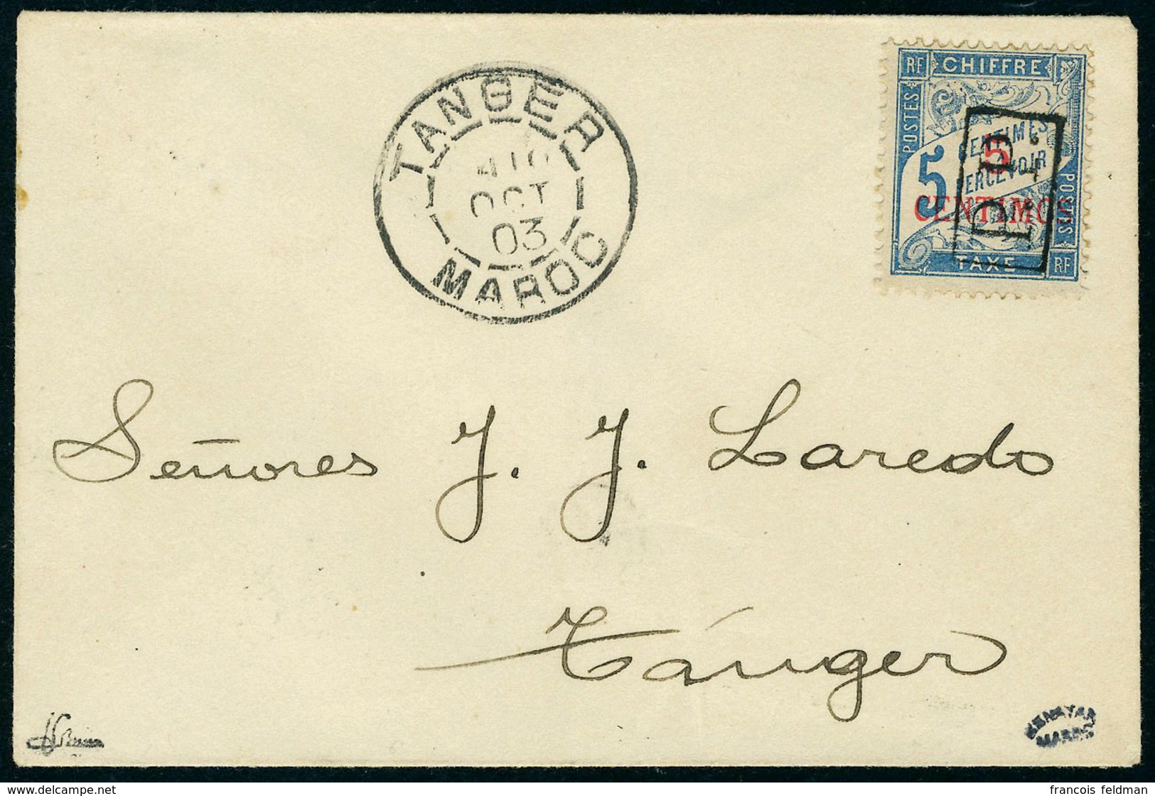 Lettre N° 18, 5c Taxe Surchargé PP Sur L Càd Tanger 10 Oct 03 Pour Tanger, T.B. Signé JF Brun, Maury - Andere & Zonder Classificatie