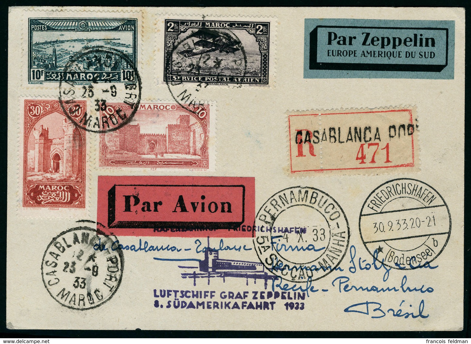 Lettre Zeppelin 8 SAF 1933, LR De Casablanca 23.9.33, Càd De Transit Friedrichshafen 30.9.33 Pour Récife Pernambuco, Arr - Andere & Zonder Classificatie