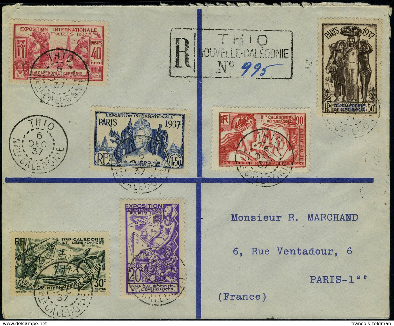 Lettre N° 166/71, Expo Intern De Paris 1937, La Série Complète Sur LR De Thio 6 Dec 37 Pour Paris Càd De Transit Nouméa  - Autres & Non Classés