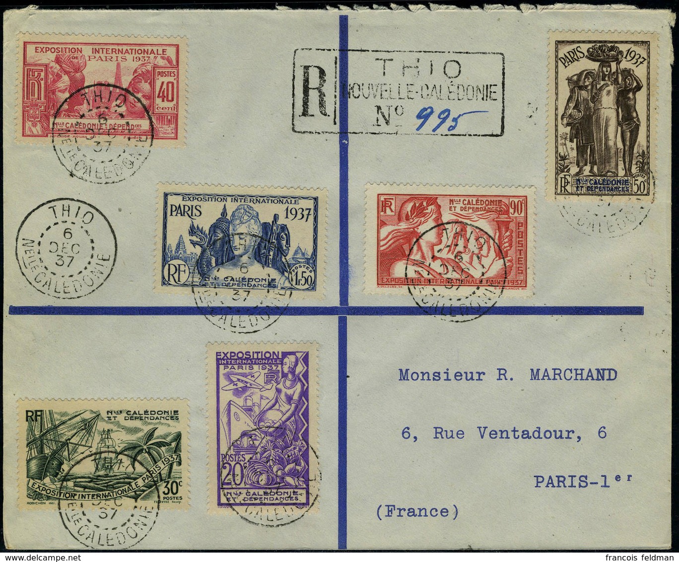 Lettre N° 166/71, Expo Intern De Paris 1937, La Série Complète Sur LR De Thio 6 Dec 37 Pour Paris Càd De Transit Nouméa  - Andere & Zonder Classificatie