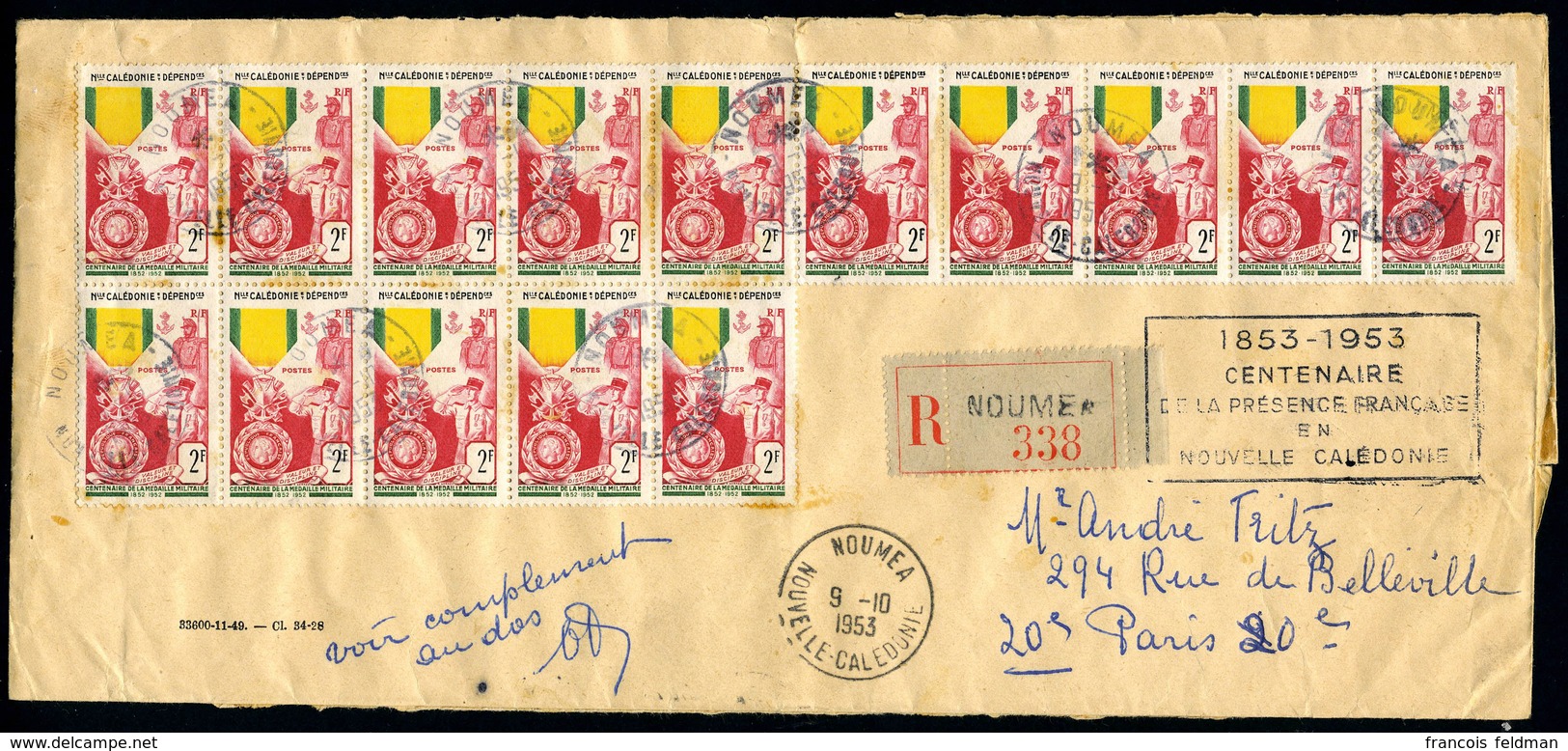 Lettre N° 279, Centenaire De La Médaille Militaire X 29 Ex Sur LR De Nouméa 9.10.1953 Pour Paris - Flamme Centenaire De  - Autres & Non Classés