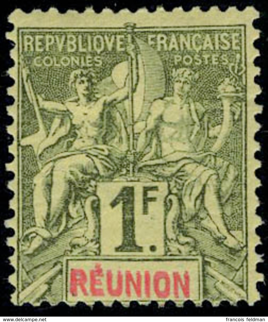 Neuf Avec Charnière N° 44a, 1f Olive Double Légende Réunion T.B. - Andere & Zonder Classificatie