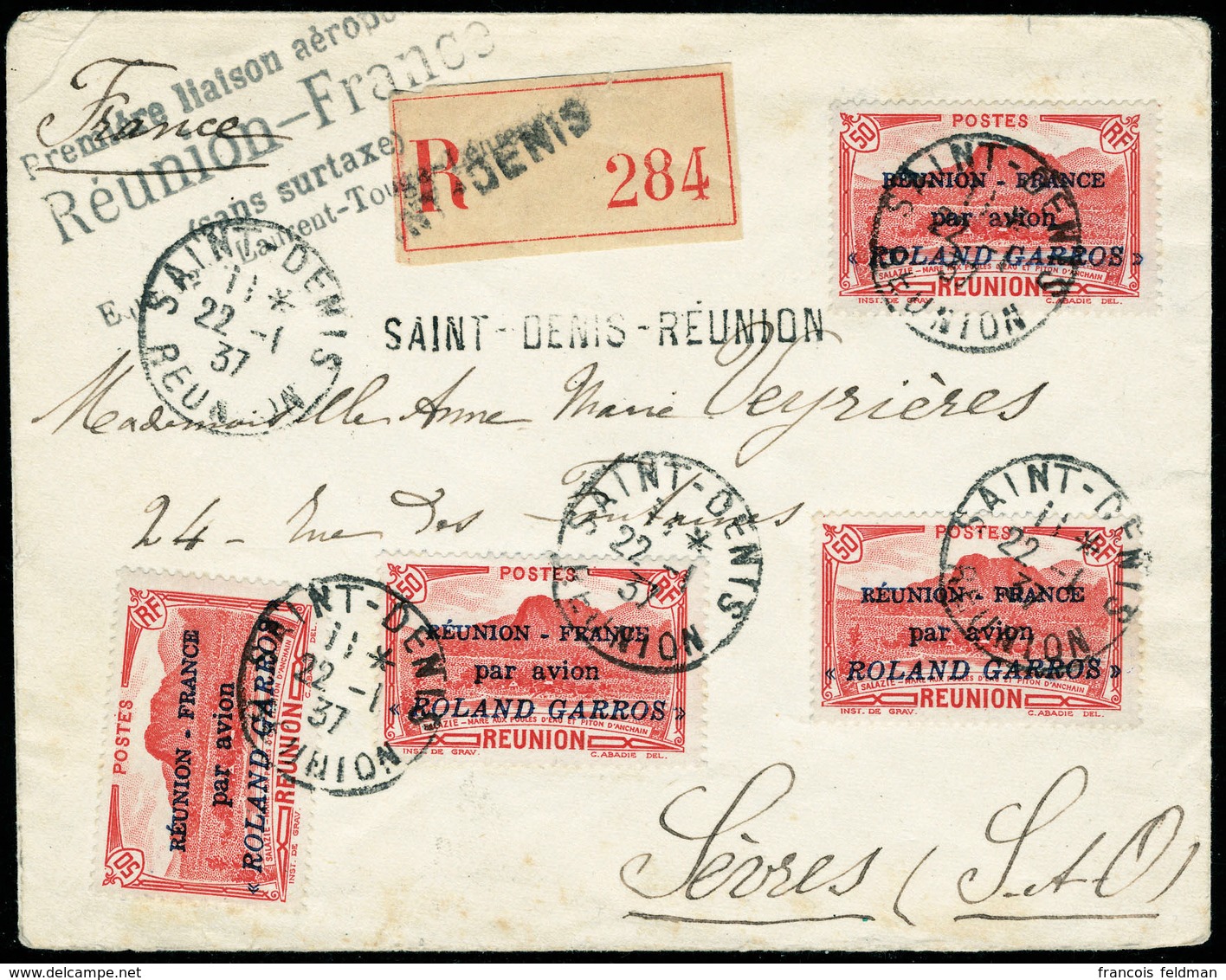 Lettre N° 1, 50c Roland Garros X 4ex Sur LR Sèvres, Arrivée Au Verso, T.B. Affranchissement Rare. - Andere & Zonder Classificatie