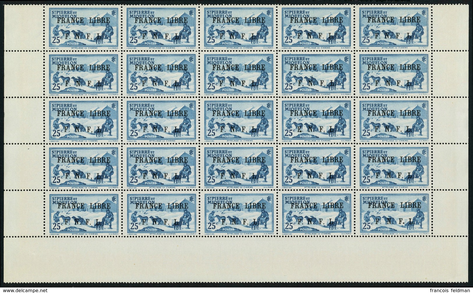 Neuf Sans Charnière N° 253, 25c Bleu Vert France Libre, Feuille De 25ex, T.B. - Otros & Sin Clasificación