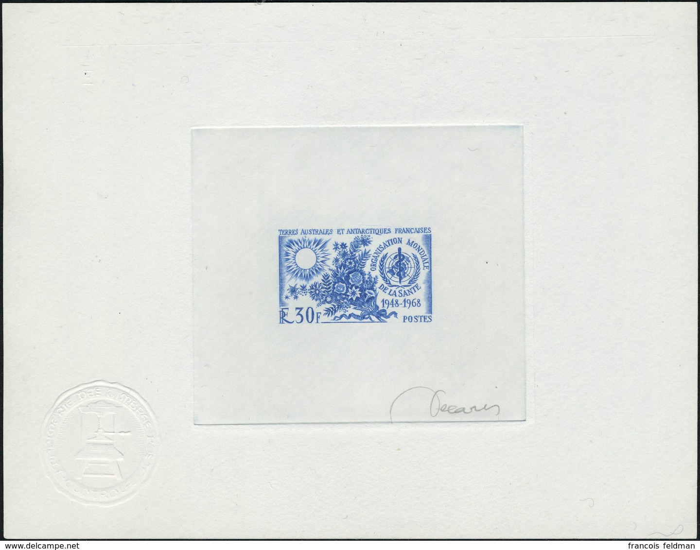 N° 26, 20ème Anniversaire De L'O.M.S., Epreuve D'Artiste En Bleu Signée Decaris, Cachet à Sec De Contrôle, TB - Altri & Non Classificati