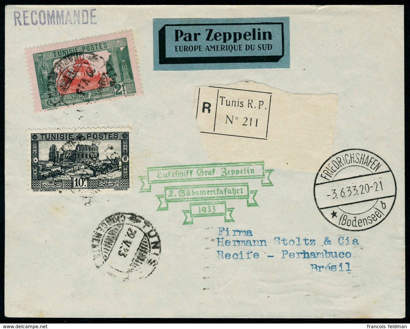 Lettre Zeppelin 2ème SAF 1933, LR De Tunis 29.V.33, Càd De Transit Friedrischshafen 3.6.33 Pour Récife Pernambuco, Au Ve - Other & Unclassified