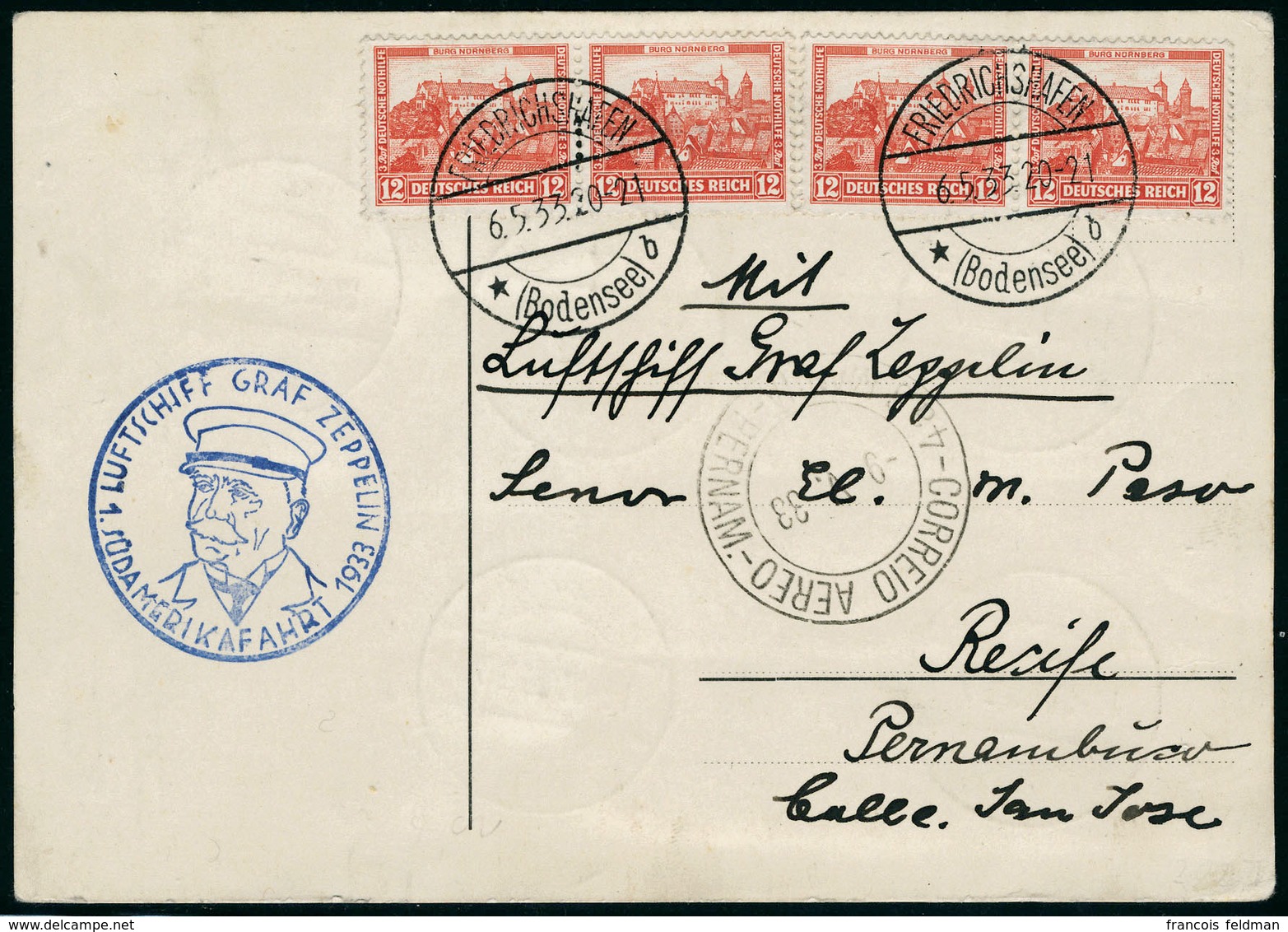 Lettre Zeppelin 1 SAF 1933, CP Affranchie Avec 21 Timbres, Càd Friedrichshafen 6.5.33, Pour Récife Pernambuco, Arrivée 9 - Andere & Zonder Classificatie