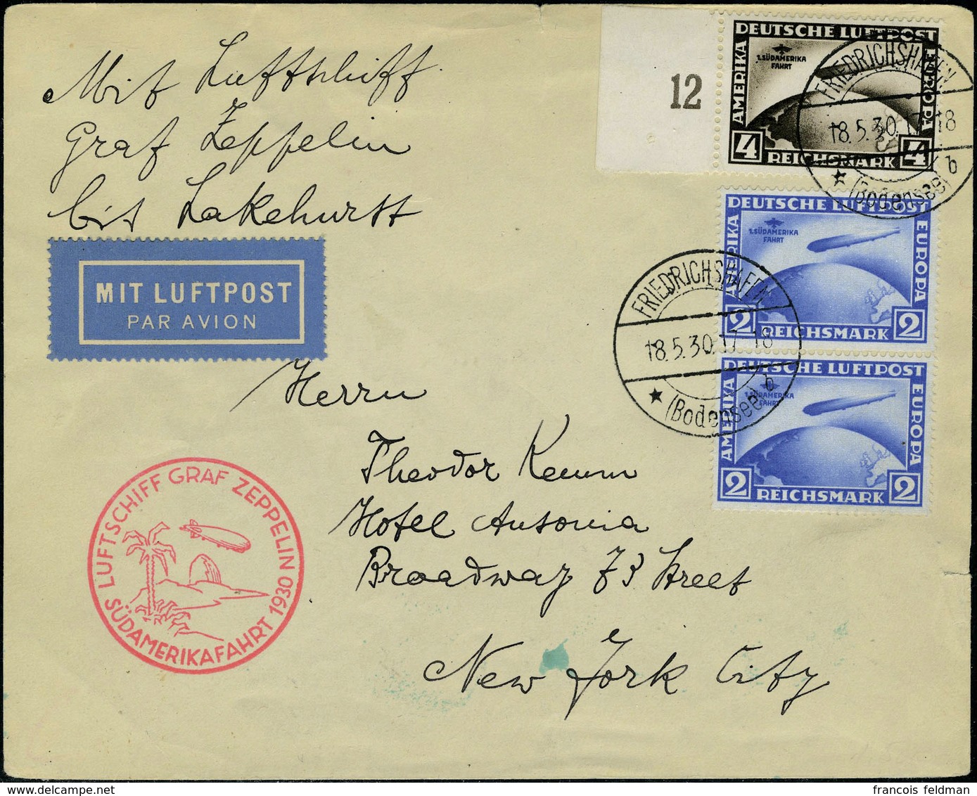 Lettre N° 38 X 2 + 39 Sur L Zeppelin SAF 1930, Cad Friedrichshafen 18.5.30 Pour New York, Au Verso Cachet Illustré Zeppe - Andere & Zonder Classificatie