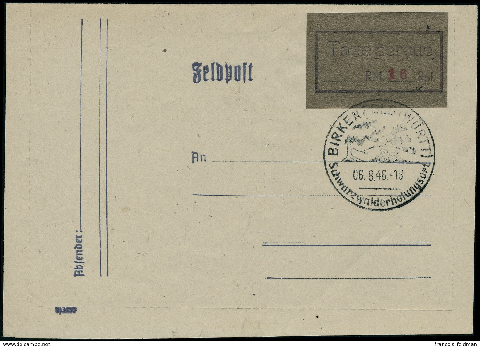 Lettre BIRKENFELD Taxe Perçue 16 RPF S/Lettre Oblitérée 6.8.46 Superbe. Rare. Signé (Michel) - Altri & Non Classificati