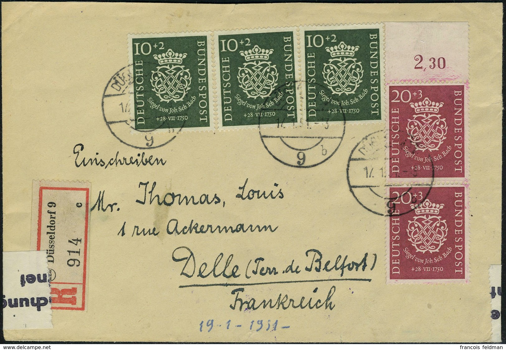 Lettre N° 7 X 3 Ex. + N° 8 (paire Horizontale) Sur Lettre Recommandée De Düsseldorf (17.1.51) Pour Delle (France), Arriv - Andere & Zonder Classificatie