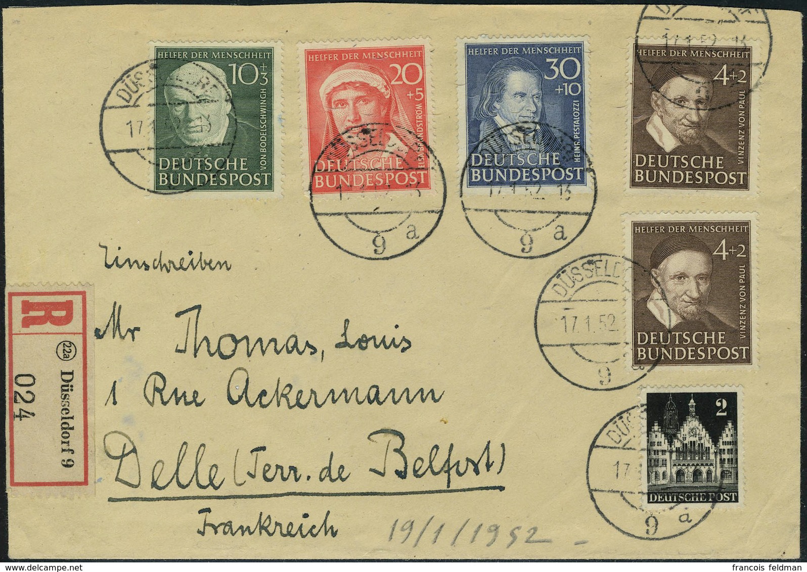 Lettre N° 29/32, La Série + N° 29 Et Bizone N° 41 Sur Lettre Recommandée De Düsseldorf (17.1.52) Pour Delle (France), Ar - Andere & Zonder Classificatie