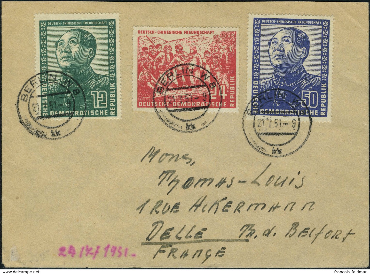 Lettre N° 38/40, La Série Amitié Germano-chinoise, Sur Lettre Càd Berlin 21.7.51, Pour Delle (France), TB - Michel - Andere & Zonder Classificatie