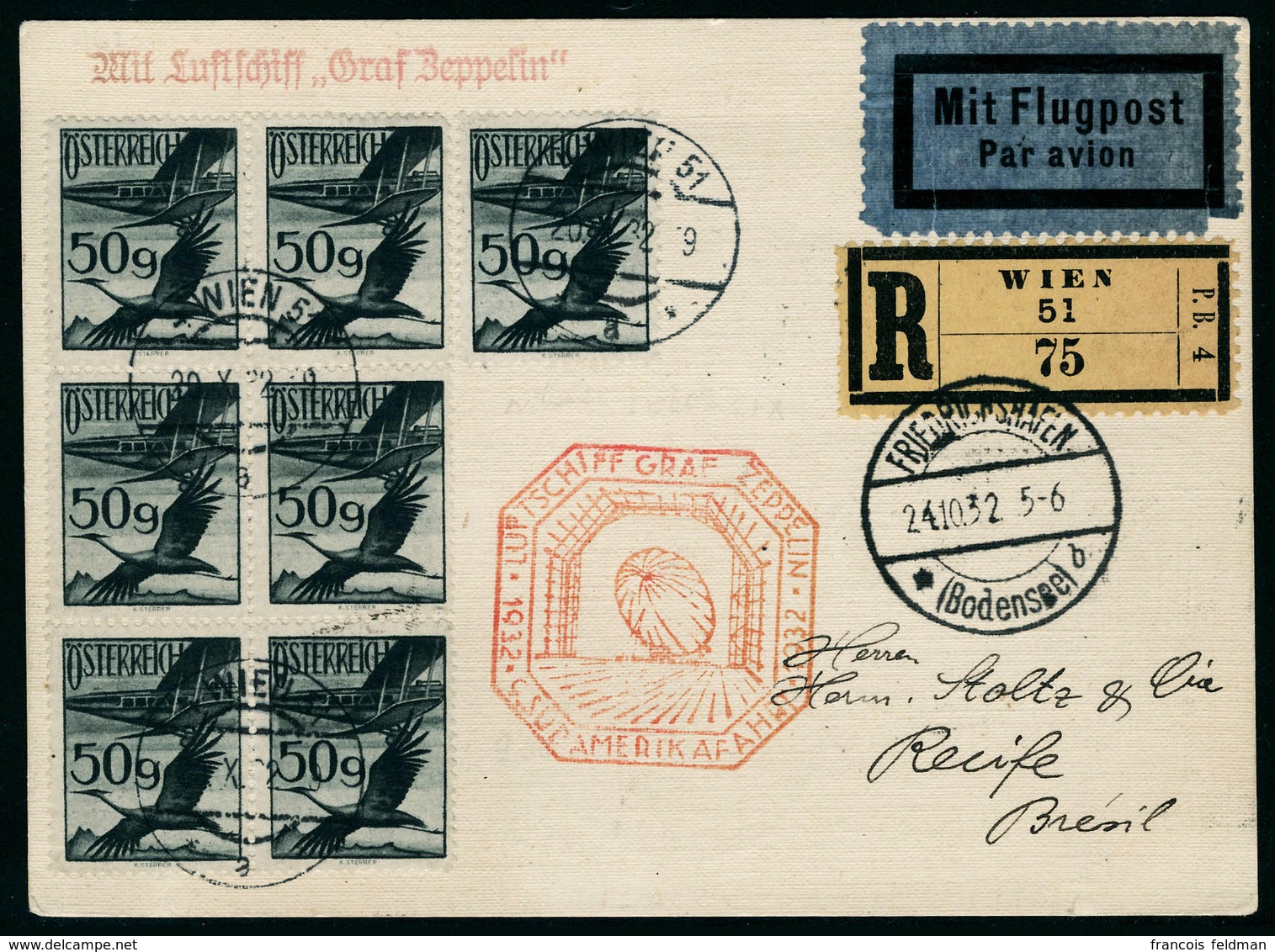 Lettre Zeppelin 9 SAF 1932, CP Rec. De Wien 20.X.32, Càd De Transit Friedrichshafen 24.10.32, Pour Recife, Arrivée27.X.3 - Andere & Zonder Classificatie