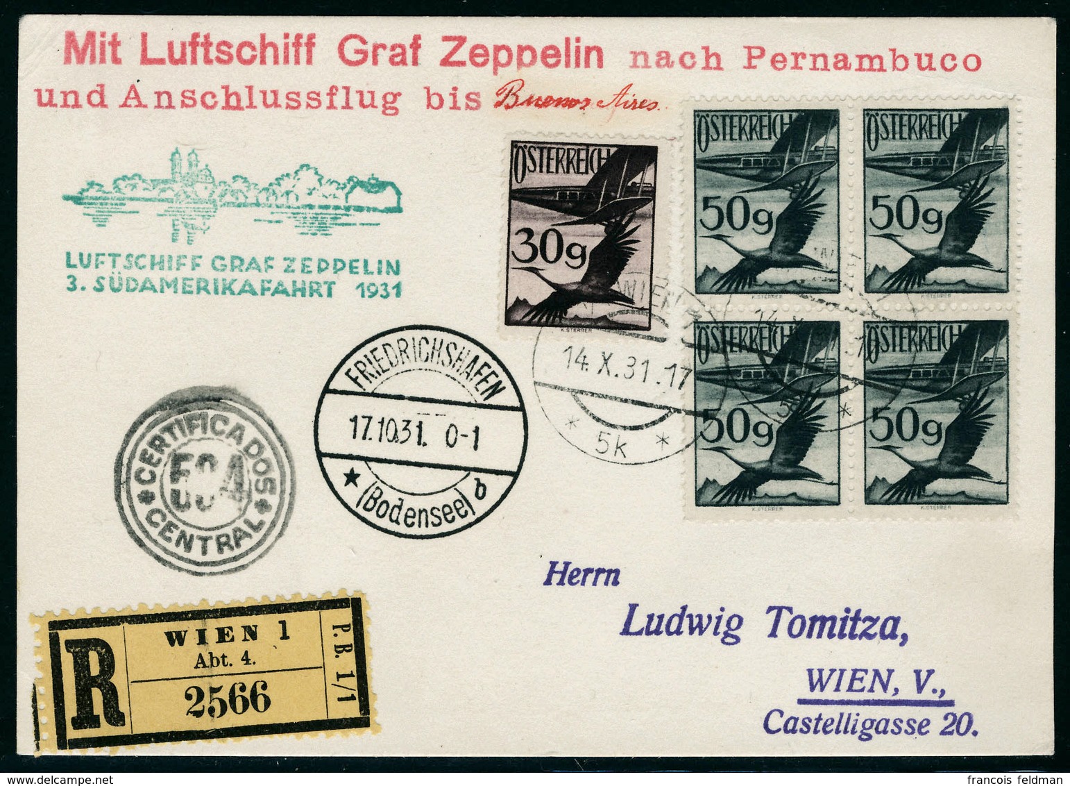 Lettre Zeppelin 3 SAF 1931, LR De Wien 14.X.31, Càd De Transit Friedrichshafen 17.10.31 Et Au Verso Buenos Aires 22 Oct  - Andere & Zonder Classificatie