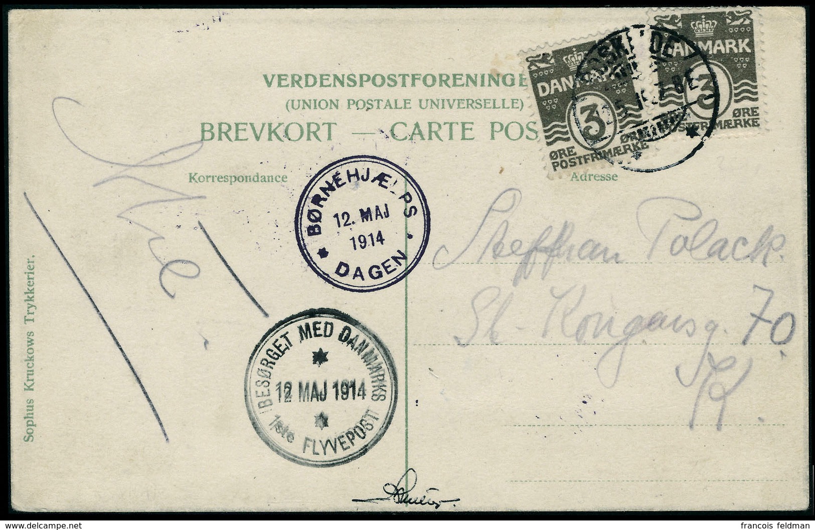 Lettre 1er Vol Postal. C.P. Avec CàD Roskilde 12.5.1914. Cachets Bornehjaelps Dagen 12 Maj 1914 Et Besorget Med Danmarks - Other & Unclassified