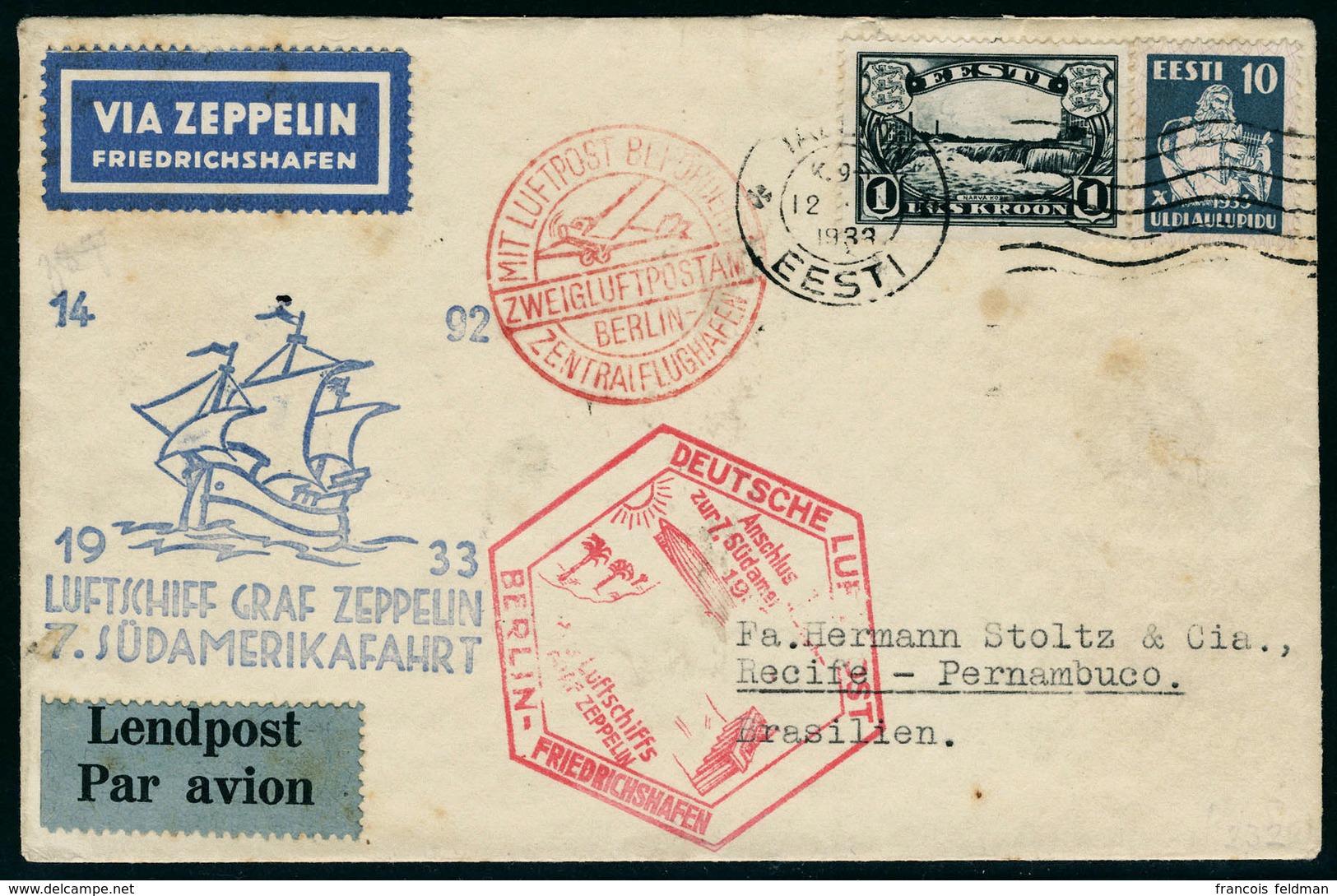 Lettre Zeppelin 7 SAF 1933, L. Càd Tallinn 12.IX.33, Càd De Transit Berlin 12.9.33 Pour Recife Pernambuco, Arrivée Perna - Autres & Non Classés