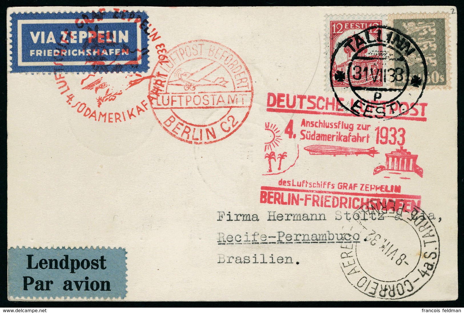 Lettre Zeppelin 4 SAF 1933, CP Càd Tallinn 31.VII.33, Càd De Transit Berlin 1.8.33, Cachet Illustré De Berlin-Friedrichs - Altri & Non Classificati