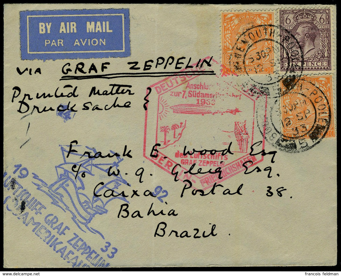 Lettre Zeppelin 7 SAF 1933 L. De Bonnemouth 12 Sp 33, Avec Cachets Illustées Au Resto Bleu 7° SAF Et Rouge Berlin - Frie - Andere & Zonder Classificatie