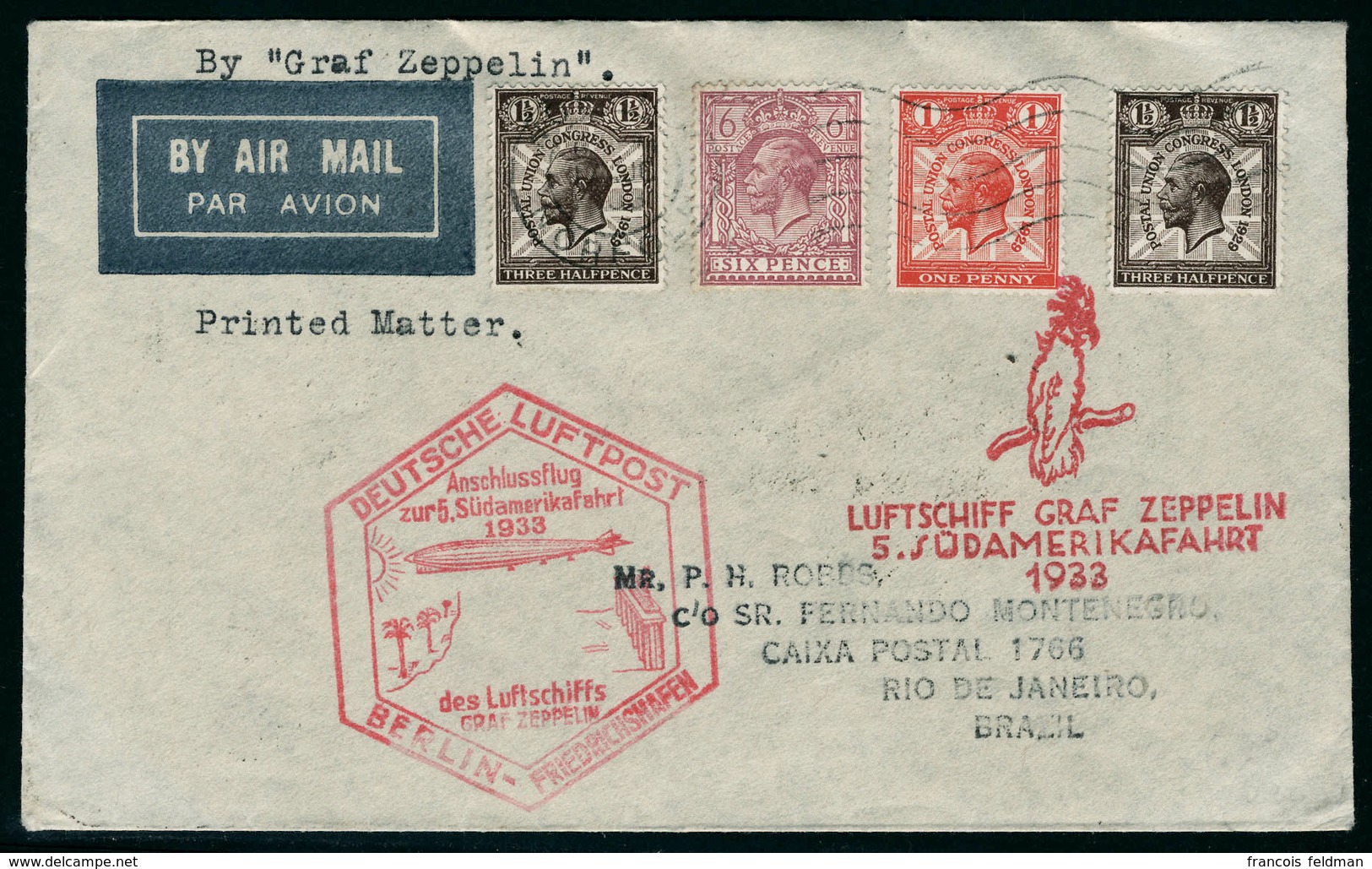 Lettre Zeppelin 5 SAF 1933, L. Càd Norfolk 17 Aug 33, Pour Rio De Janeiro, Au Verso Cachet Responda Logo Via Condor Zepp - Autres & Non Classés