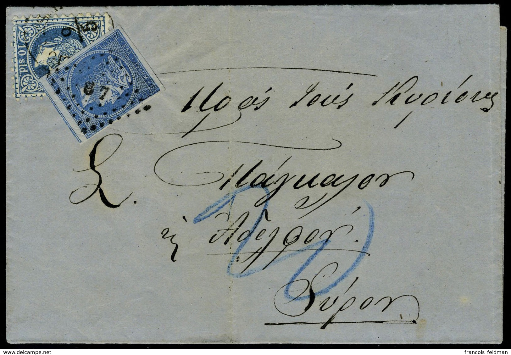 Lettre N° 37, 20l Bleu + 10 Soldi Bleu Levant Autrichien Aff Mixte Sur Lettre De 1874 + 20 Au Crayon Bleu TB - Autres & Non Classés