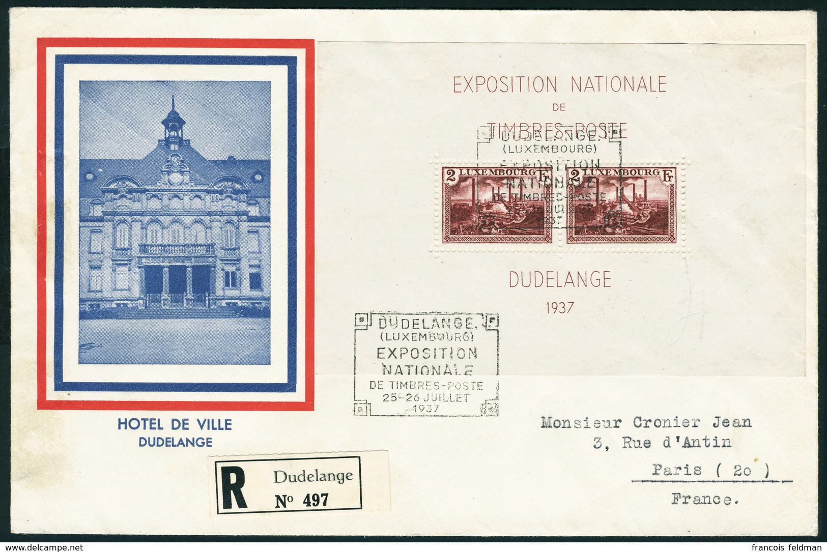 Lettre N° 2, Le Bloc Sur LR Pour La France, Obl. 1er Jour 25 Juillet 1937. T.B. - Altri & Non Classificati