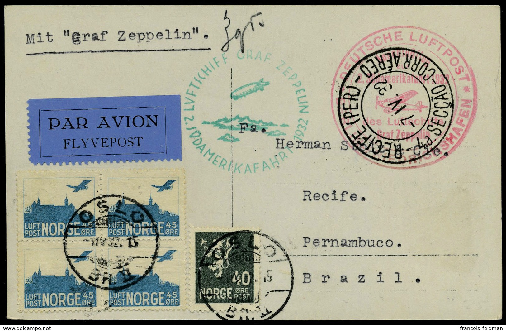 Lettre Zeppelin 2 SAF 1932 CP Illustrér Càd Oslo 1 IV 32, Cachet Illustré Berlin Friedrichshafen, Pour Recife Pernambuco - Other & Unclassified