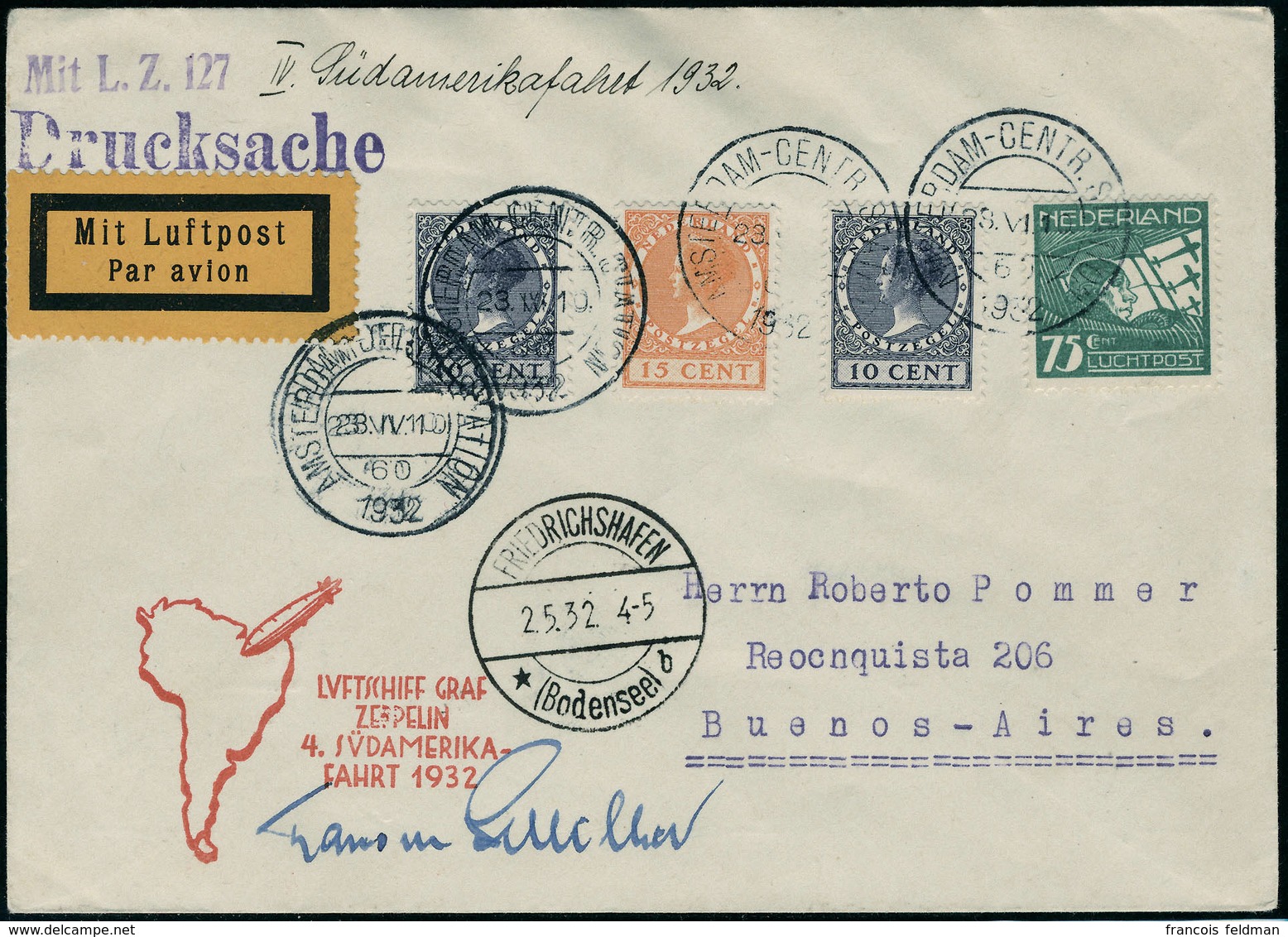 Lettre Zeppelin 4 SAF 1932. L. Avec Càd Amsterdam 23 IV 1932, Cachet Mit L.2.127, Càd De Transit Friedrichshafen 2.5.32, - Autres & Non Classés