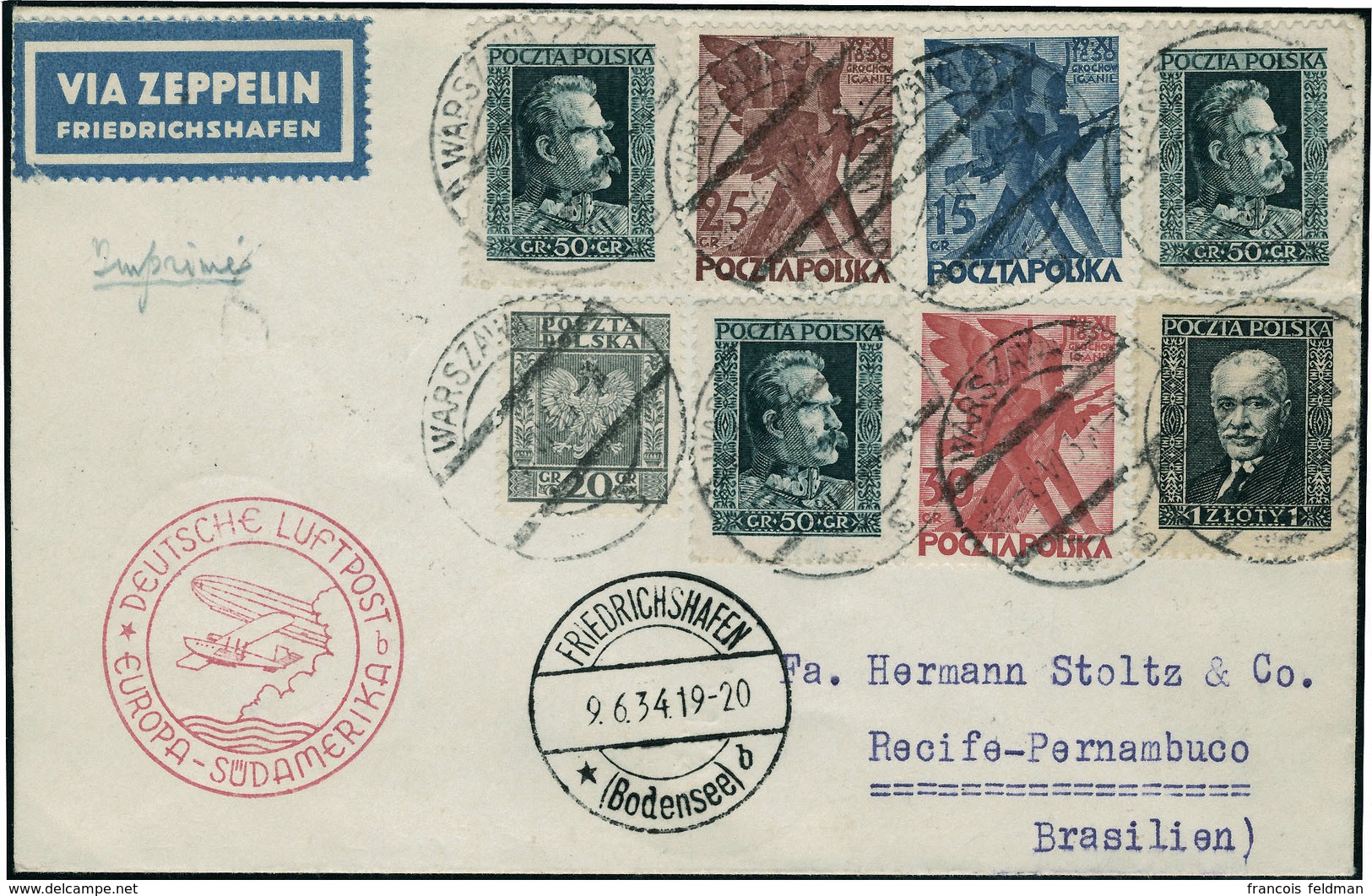 Lettre Zeppelin SUDAMERIKA 1934 Pour Le Brésil. T.B. - Sonstige & Ohne Zuordnung