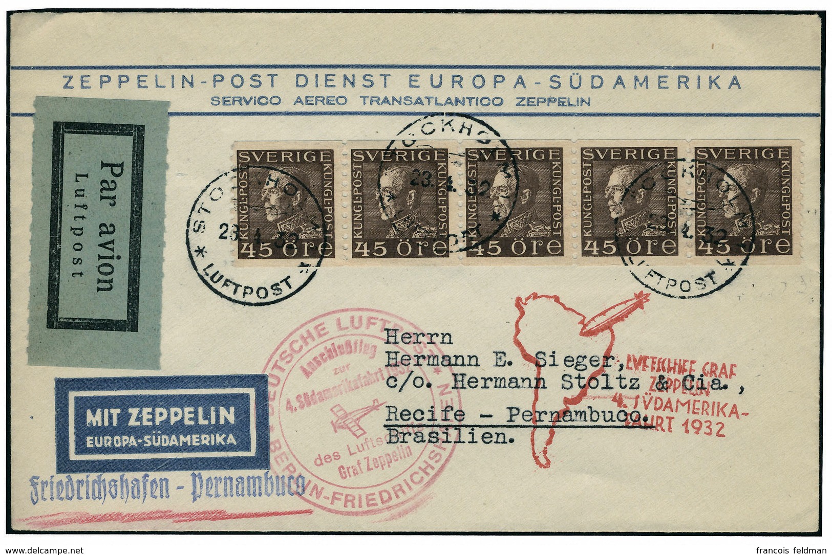 Lettre Zeppelin. 4. SAF 1932. Lettre CàD Stockholm 23.4.32. Cachet De Transit Berlin-Friedrichshafen Pour Recife. Arrivé - Other & Unclassified