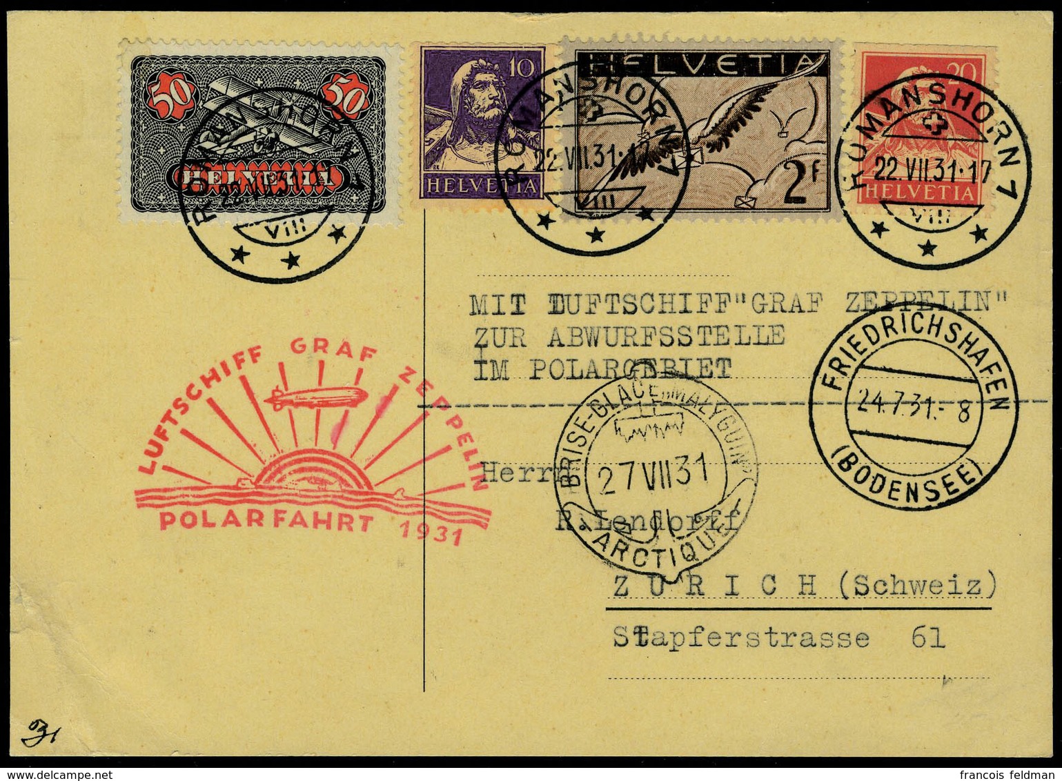 Lettre N° 9 + 15b, + Affranchissement Complémentaire Sur CP Zeppelin Polarfahrt 1931 Obl 22.7.31 TB - Other & Unclassified