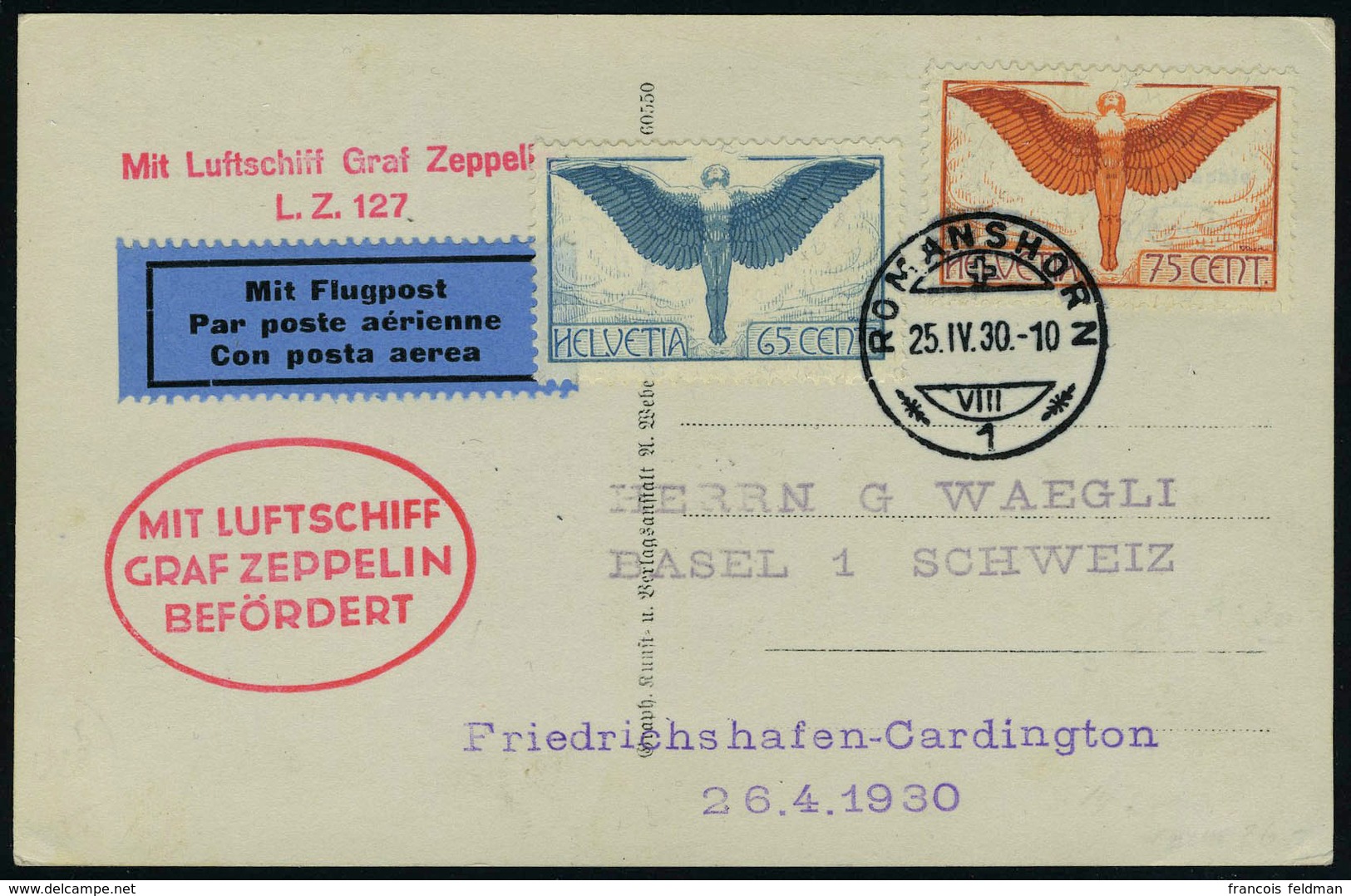 Lettre N° 10a + 11a, Sur CP Illustrée LZ 127 Graf Zeppelin, Càd Romanshorn 25.IV.30, Cachet Friedrichshafen - Carlington - Other & Unclassified