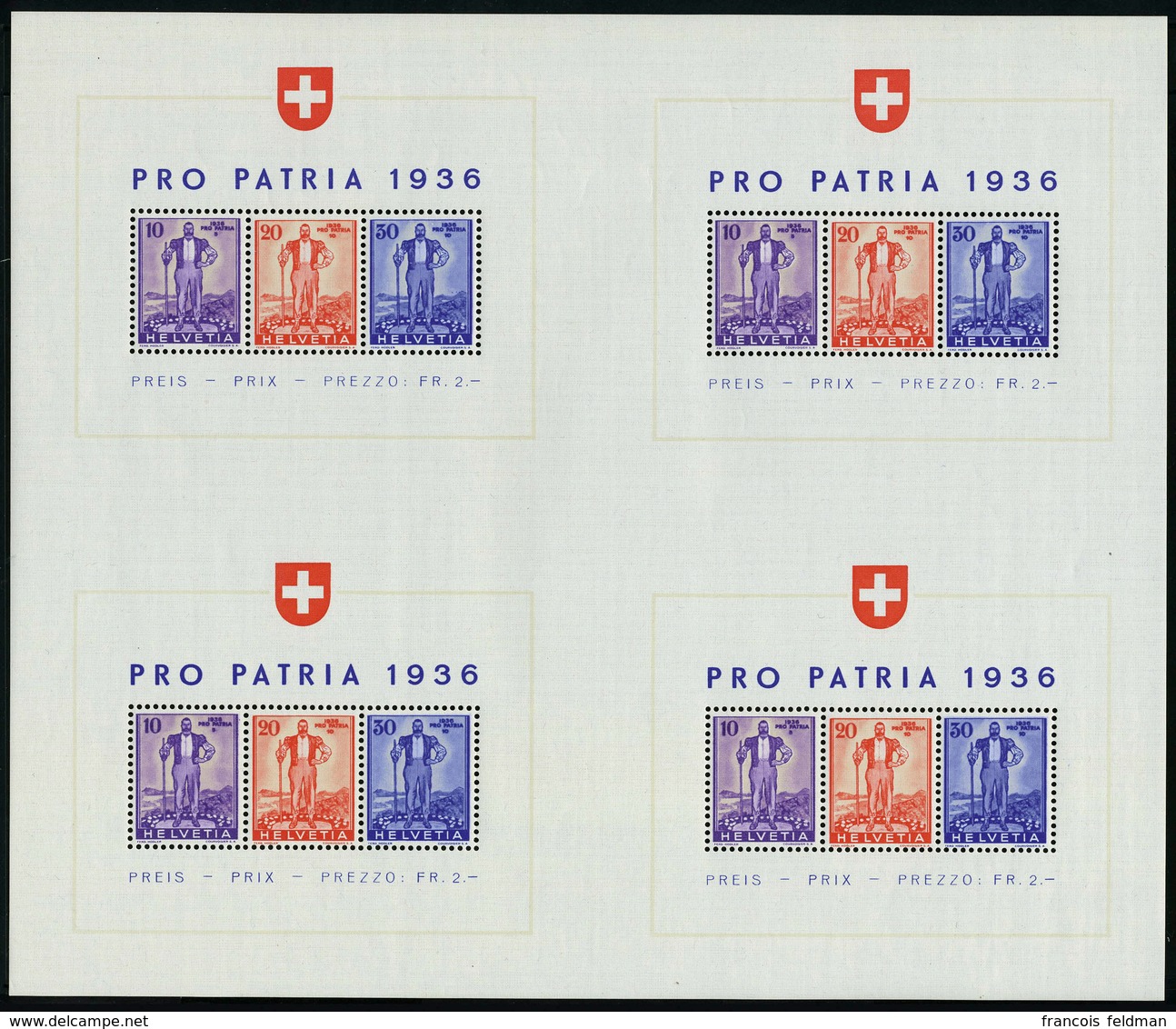 Neuf Sans Charnière N° 2, Pro Patria 1936, Feuille De 4 Blocs TB Cat Suisse W8a : 600 CHF - Otros & Sin Clasificación