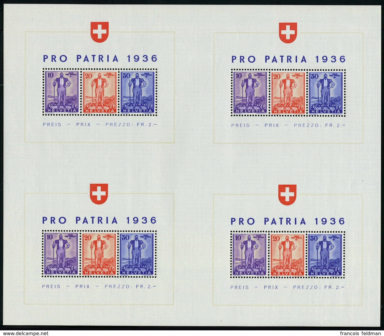 Neuf Sans Charnière N° 2, Pro Patria 1936, Feuille De 4 Blocs TB Cat Suisse W8a : 600 CHF - Andere & Zonder Classificatie