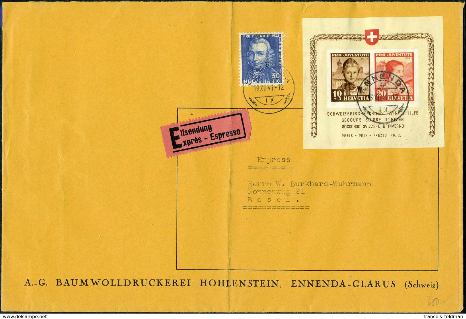 Lettre N° 6, Bloc Pro Juventute 1941 Sur Lettre Express Obli. Du 19/12/41, TB - Zumstein 650 Fs - Andere & Zonder Classificatie