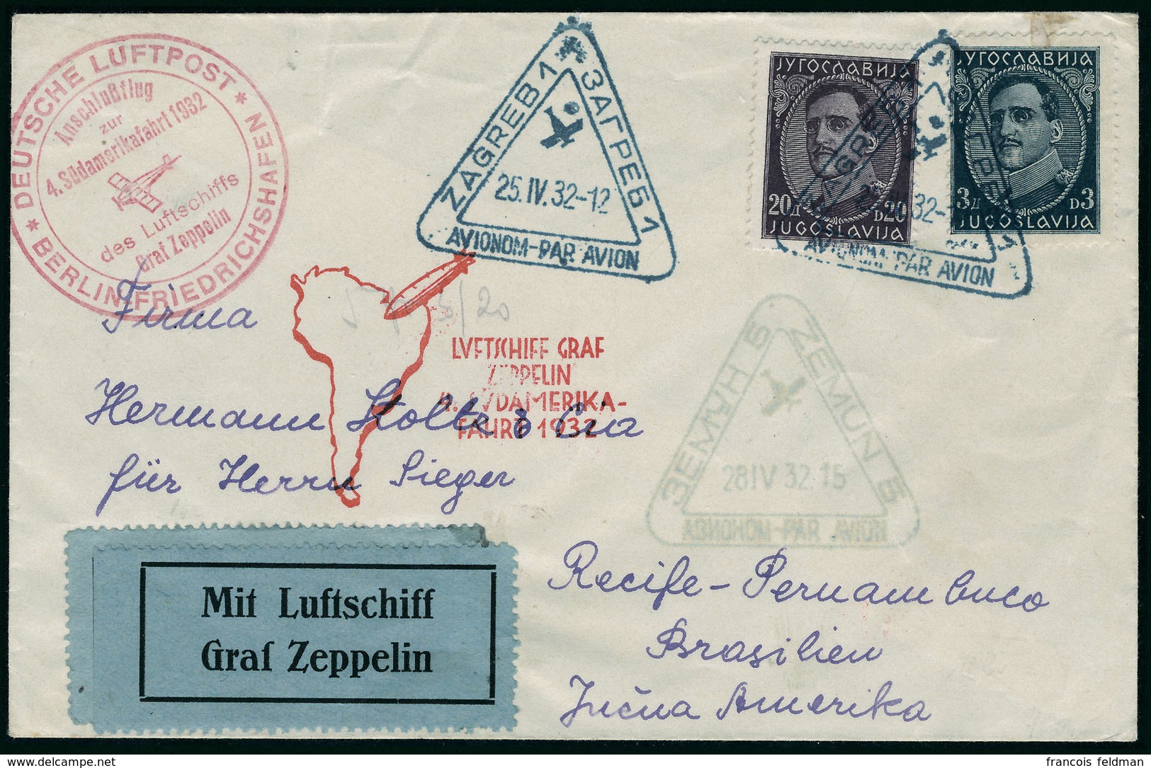 Lettre Zeppelin 4 SAF 1932. L. Avec Càd Illustré Zagreb 25 IV 32 + Cachet Illustré Berlin-Friedrichshafen Pour Recife (B - Autres & Non Classés