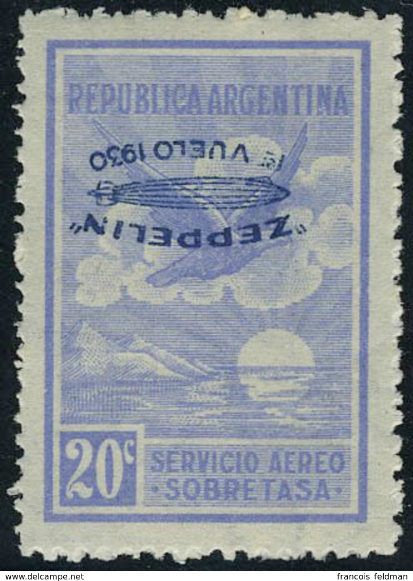 Neuf Sans Charnière N° 19A, 20c Bleu, Surcharge Zeppelin Bleue Renversée, TB, Rare - Indiqué Dans Sanabria Sans Prix - Andere & Zonder Classificatie