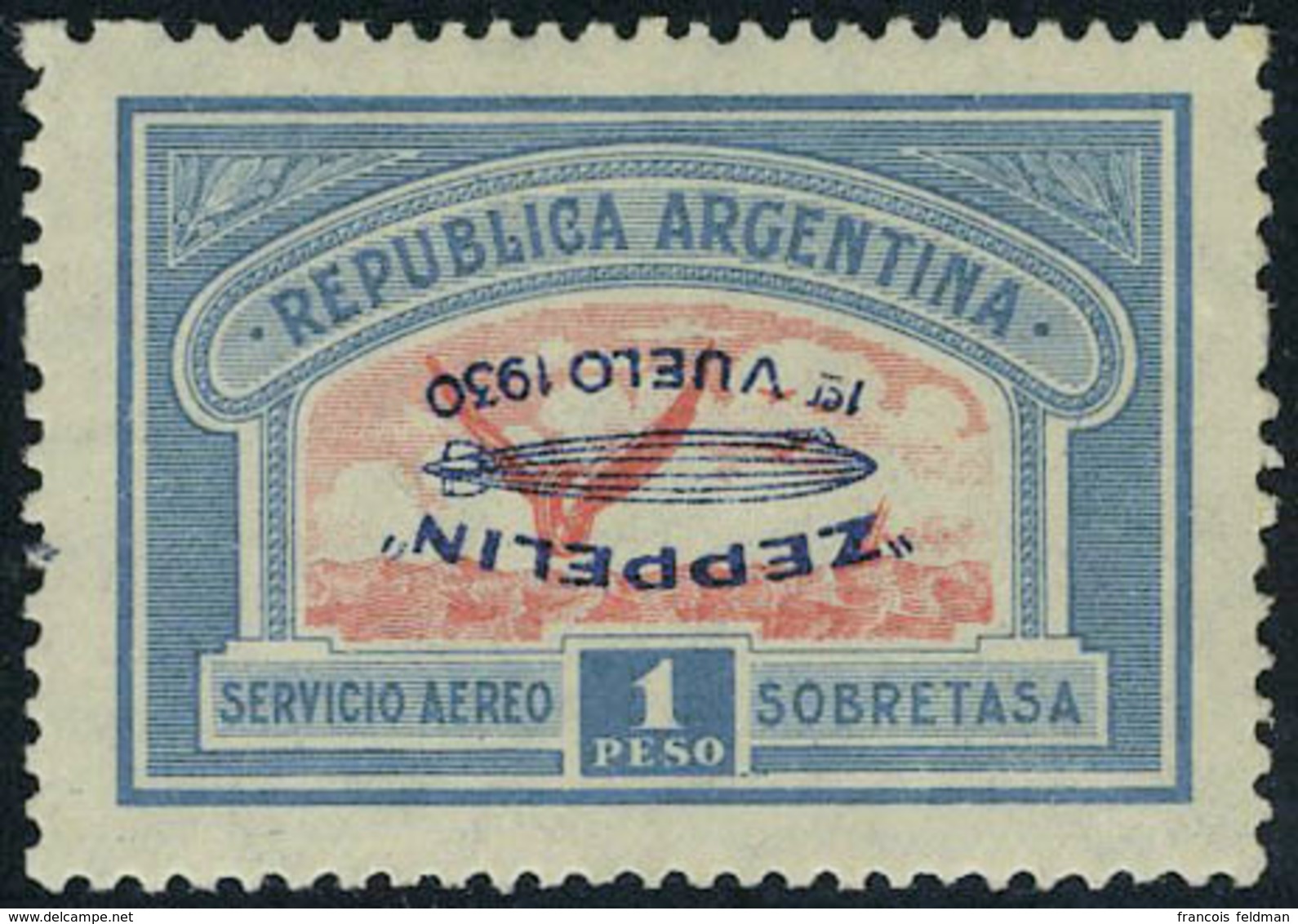 Neuf Avec Charnière N° 19Da, 1p Surcharge Zeppelin Bleue Renversée, TB, Rare - Andere & Zonder Classificatie