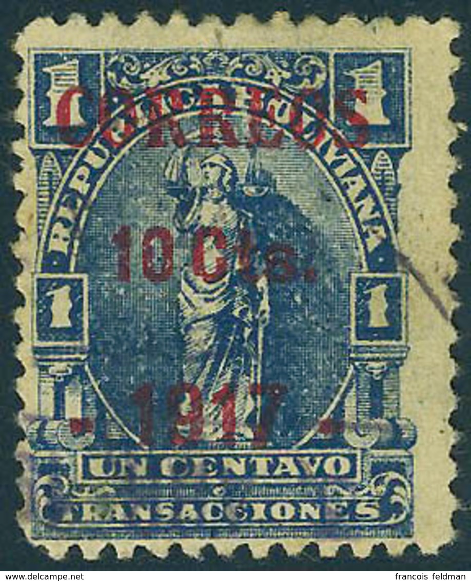 Oblitéré N° 110, 10c Sur 1c Bleu, Provisoire De Cobija 1917 TB, Rare, Signé + Certificat A Rendon - Other & Unclassified