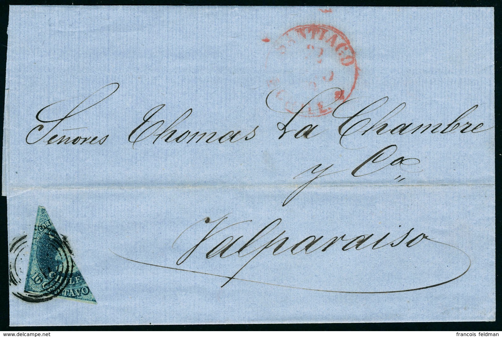 Lettre N° 6e, Moitié De 10c Bleu Sur L Datée Du 22 Août 1859, Cachet Cercles Noirs + Càd Rouge De Santiago, Pour Valpara - Other & Unclassified