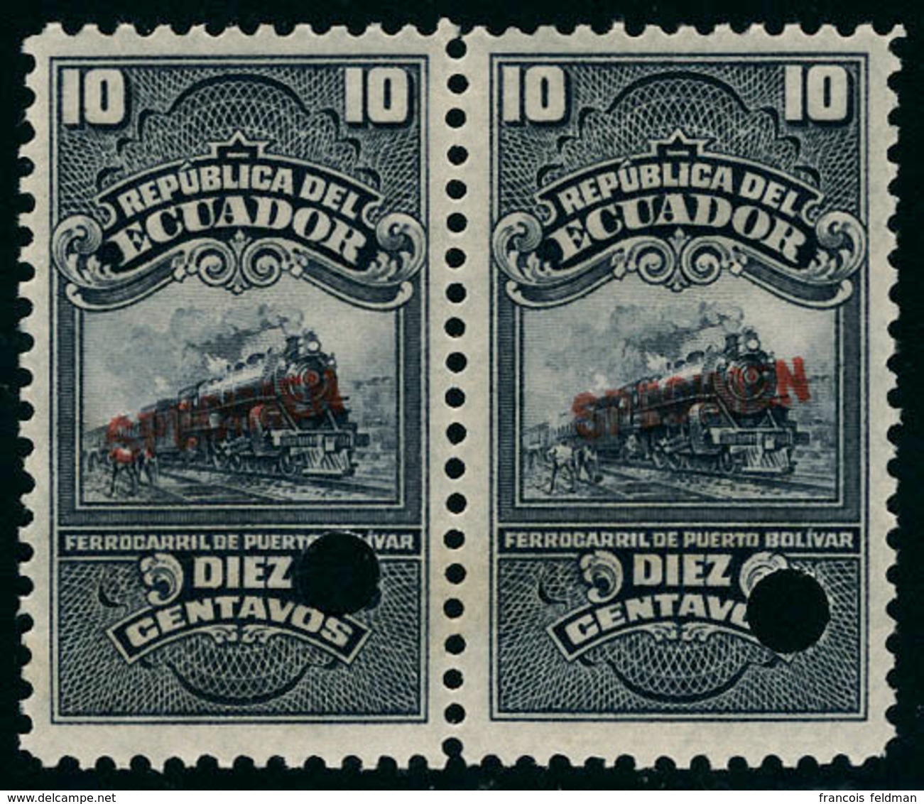 Neuf Sans Charnière N° 45, 10c Violet Train, Paire Hor. Perforé + Surcharge Spécimen, T.B. - Andere & Zonder Classificatie