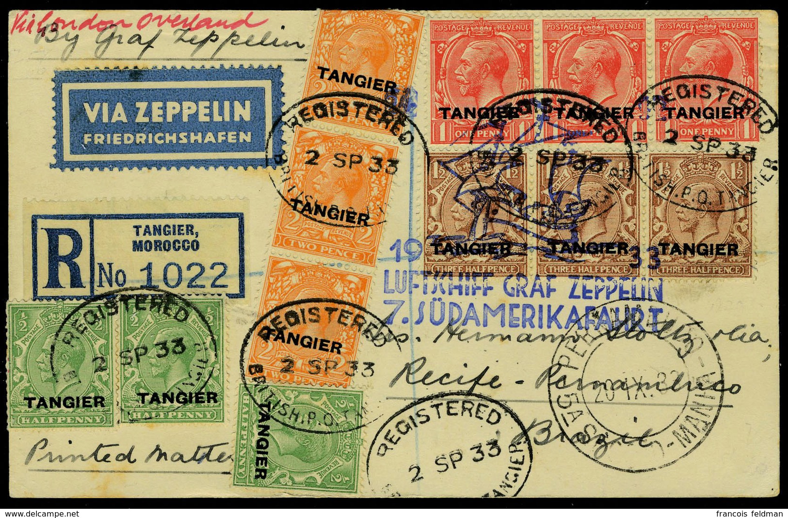 Lettre Zeppelin 7 SAF 1933 CP Recommandée Càd Tangier 2 Sp 33, Cachets Illustrés Bleu 7 SAF Et Roug Berlin Friedrichshaf - Autres & Non Classés