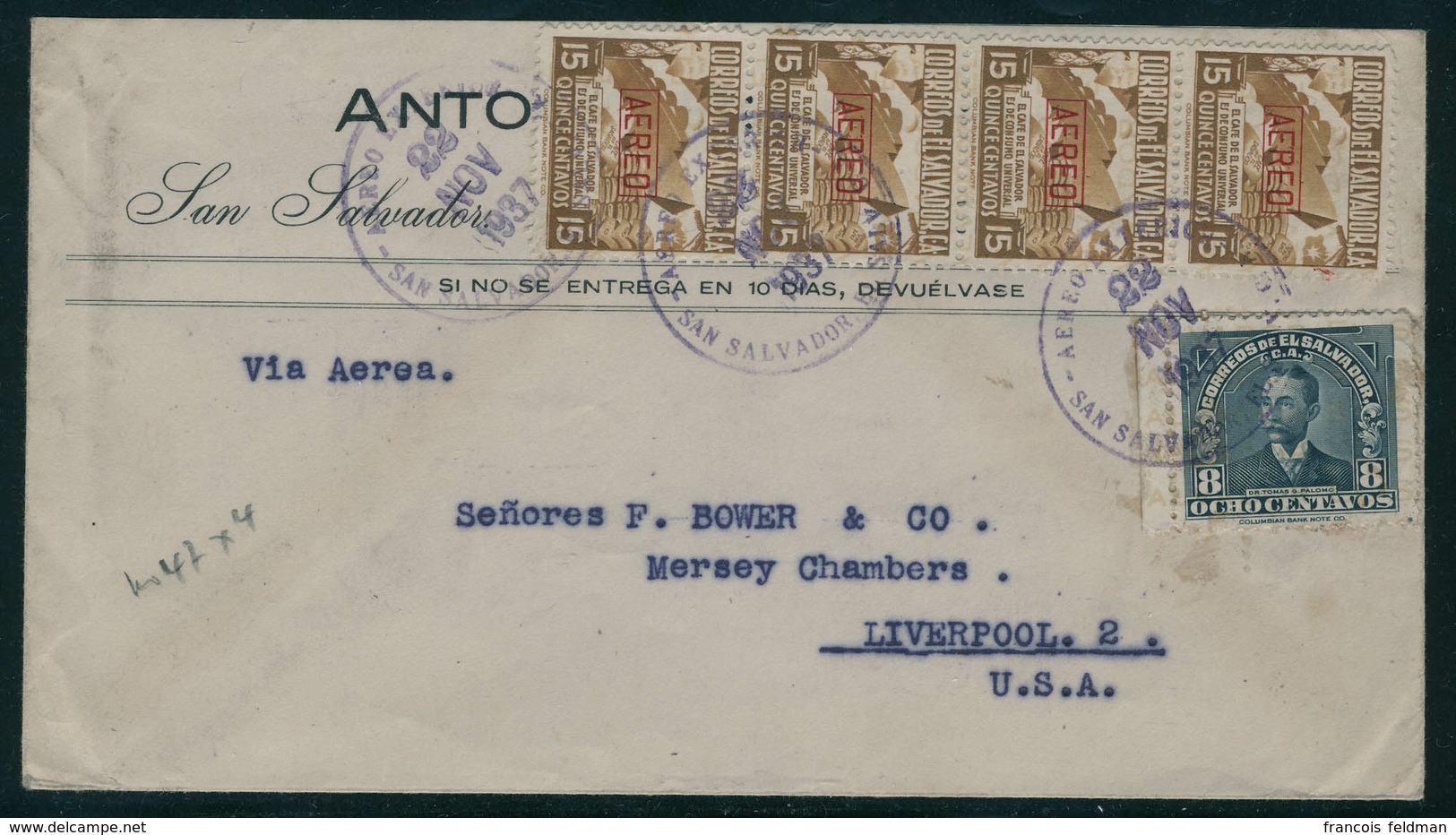 Lettre N°47 X 4ex + T.P. N°516 S/Lettre. CàD San Salvador 22 Nov 1937 Pour Liverpool (USA). T.B. - Andere & Zonder Classificatie