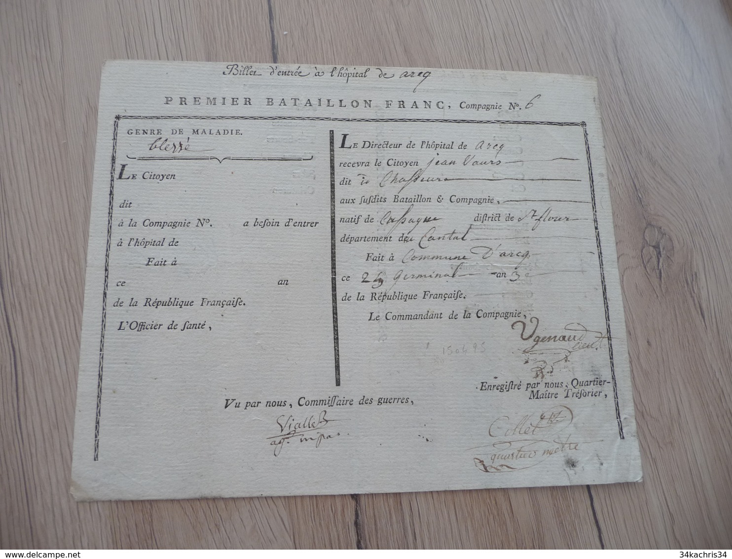 Révolution Militaria Billet D'entrée à L'Hôpital D'Areq 25 Ger AnIII Autographes Ugenaud Viallet Collet - Documentos