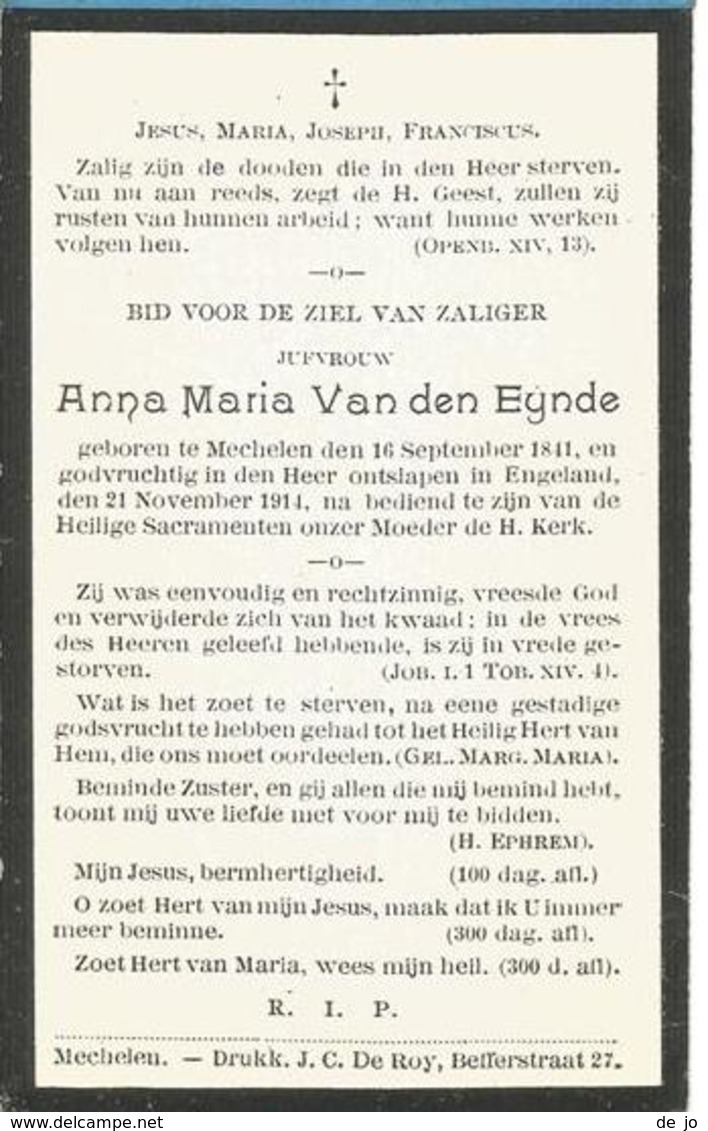 VAN DEN EYNDE Anna Maria ° 1841 Mechelen + 1914 Engeland  - Doodsprentje Image Mortuaire Mortuary Card Oorlog WW1 - Religion & Esotérisme