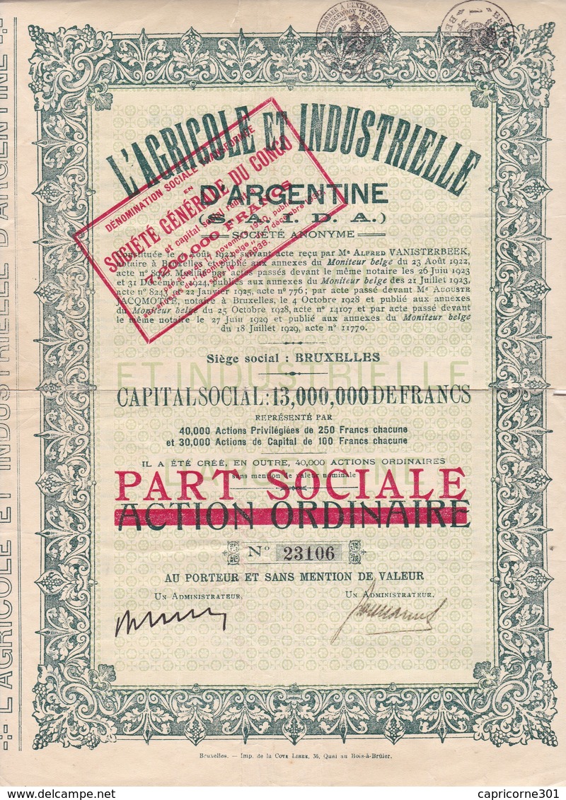 L'Agricole Et Industrielle D'Argentine PART SOCIALE 1930 - Agriculture