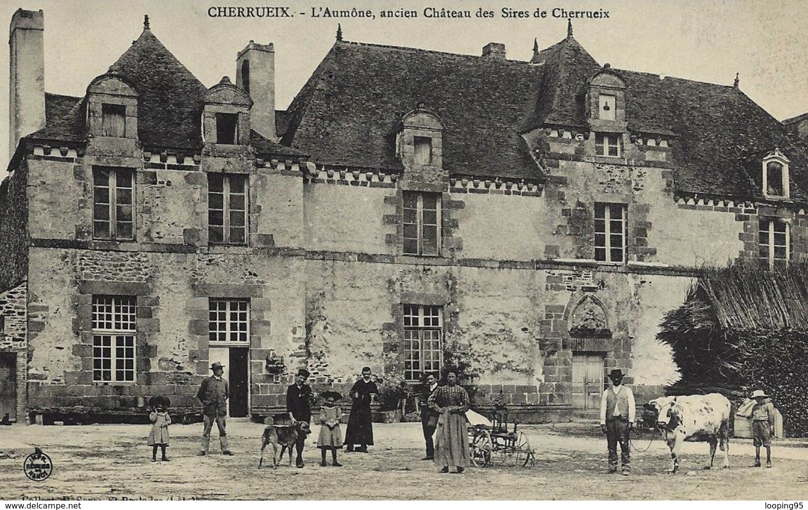 CHERRUEIX-L'AUMONE-CHATEAU-PAYSAN-VACHE-HOMMES-FEMMES-ENFANTS-CHIEN-MATERIEL AGRICOLE - Autres & Non Classés