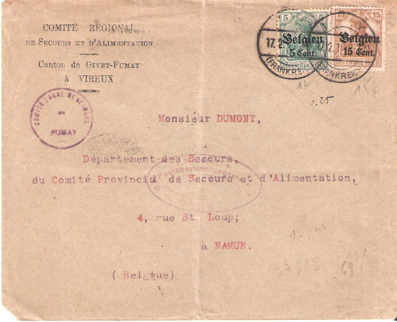 Timbre Allemand Surchargé Belgien Oblitéré Cachet Allemande De FUMAY Ardennes (occupation Allemande) - Guerre De 1914-18