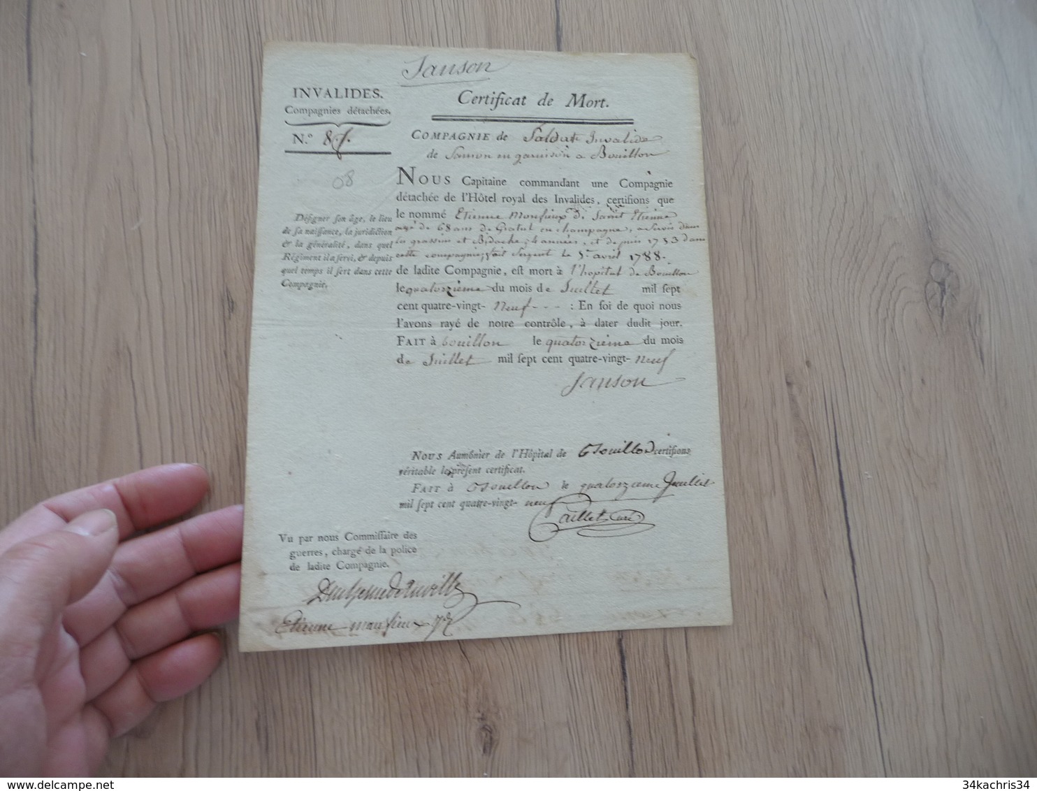 Certificat De Mort Compagnie Détachée Hôtel Royal Des Invalides Bouillon 04/ 07/1789 - Documents