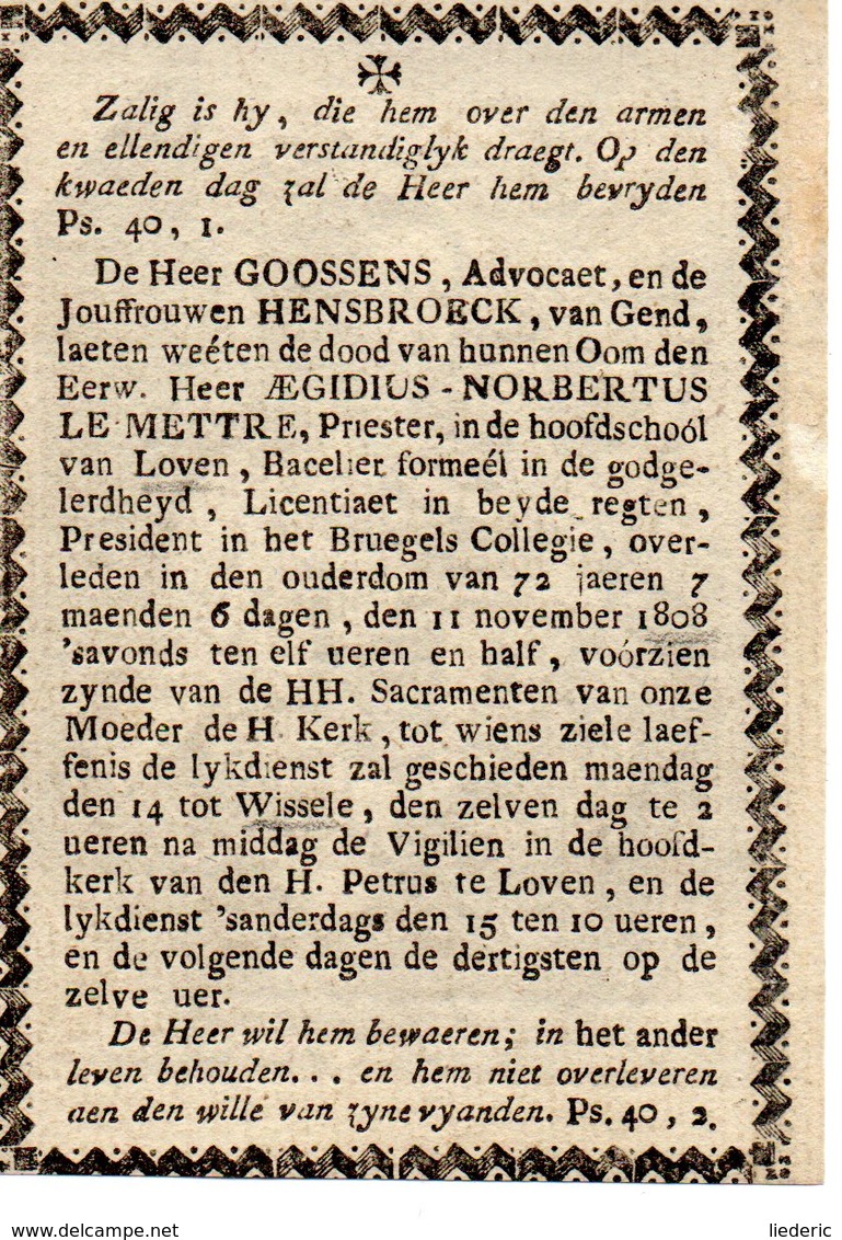 Bidprentje Leuven - Wilsele 1808 ,E.H. AEgidius Le Mettre - Images Religieuses