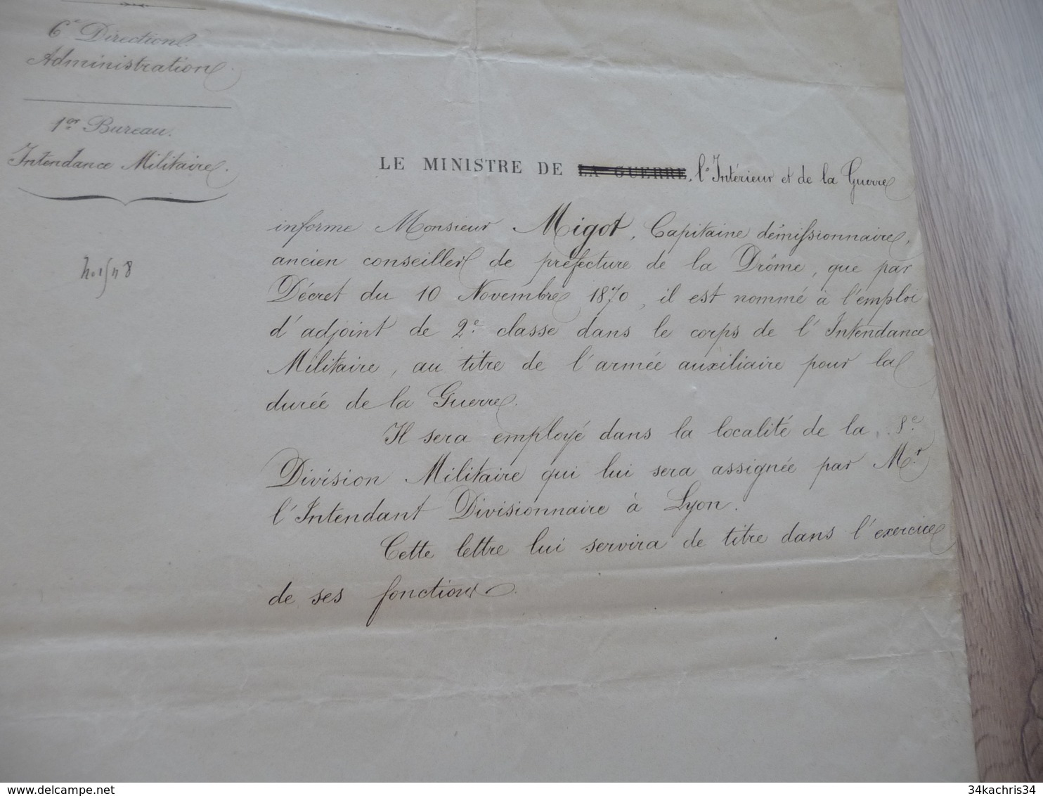 23/11/1870 Nomination Migot Capitaine Démissionnaire Ministère - Documents